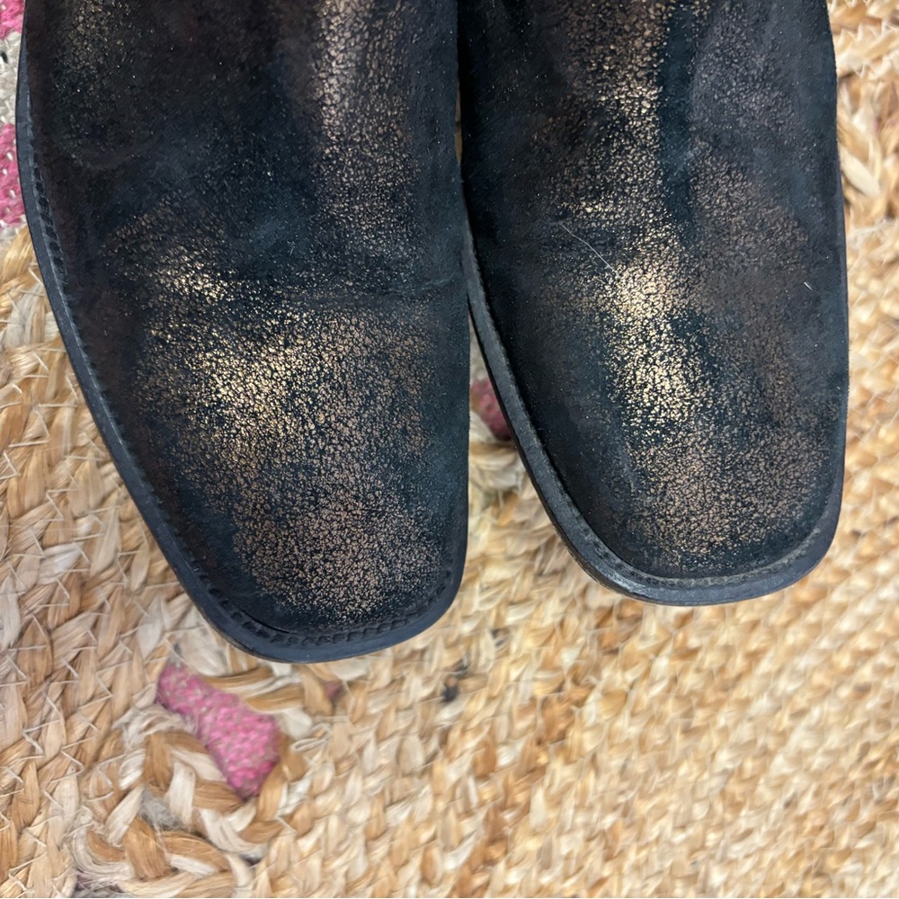 Donald Pliner Gold Shimmer Leather Boots, Blue Suede Trim 9M - Picture 3 of 8